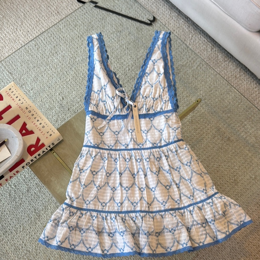 Jonathan Simkhai Blue and White Coverup Dress with Tiered Design